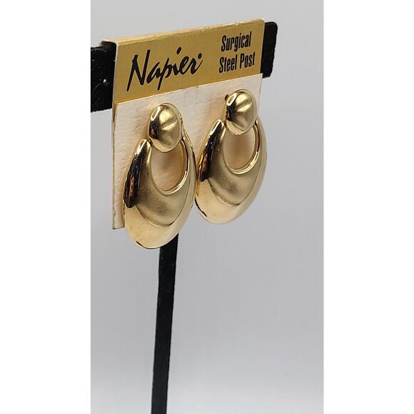 Vintage Napier Gold Tone Door Knocker Earrings On Card Surgical Steel Post - Picture 2 of 9